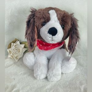 🆕NWT Plush stuffed PUPPY 🐶 w/a red sparkly paw print 🐾 bandanna White & Brown